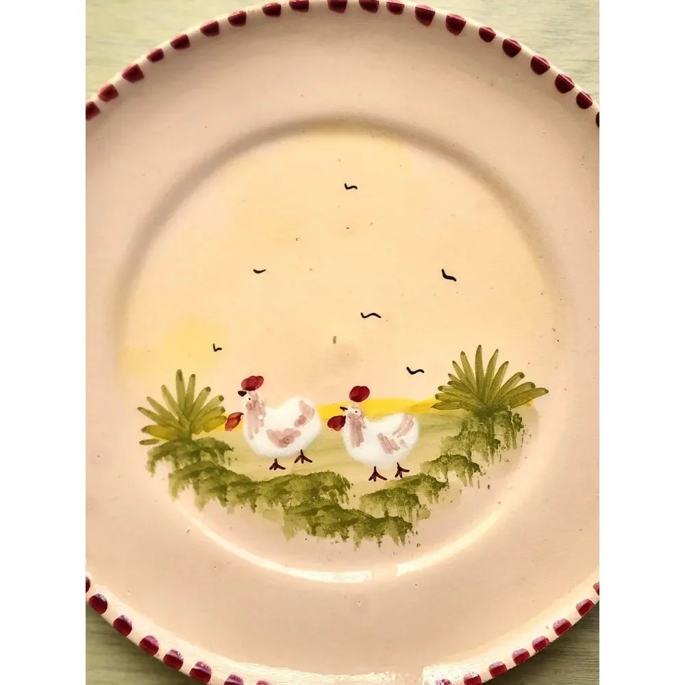 Vintage Handmade Hand Painted Art Pottery Plates Set 2 Raised Sheep Chicken Farm